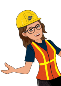 cartoon woman construction worker smiling with arms shrugging half up