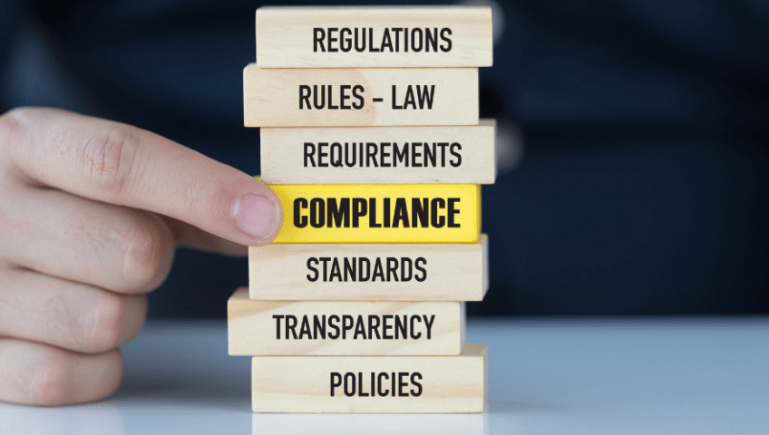 Stacked Blocks describing different aspects of compliance with compliance highlighted in yellow